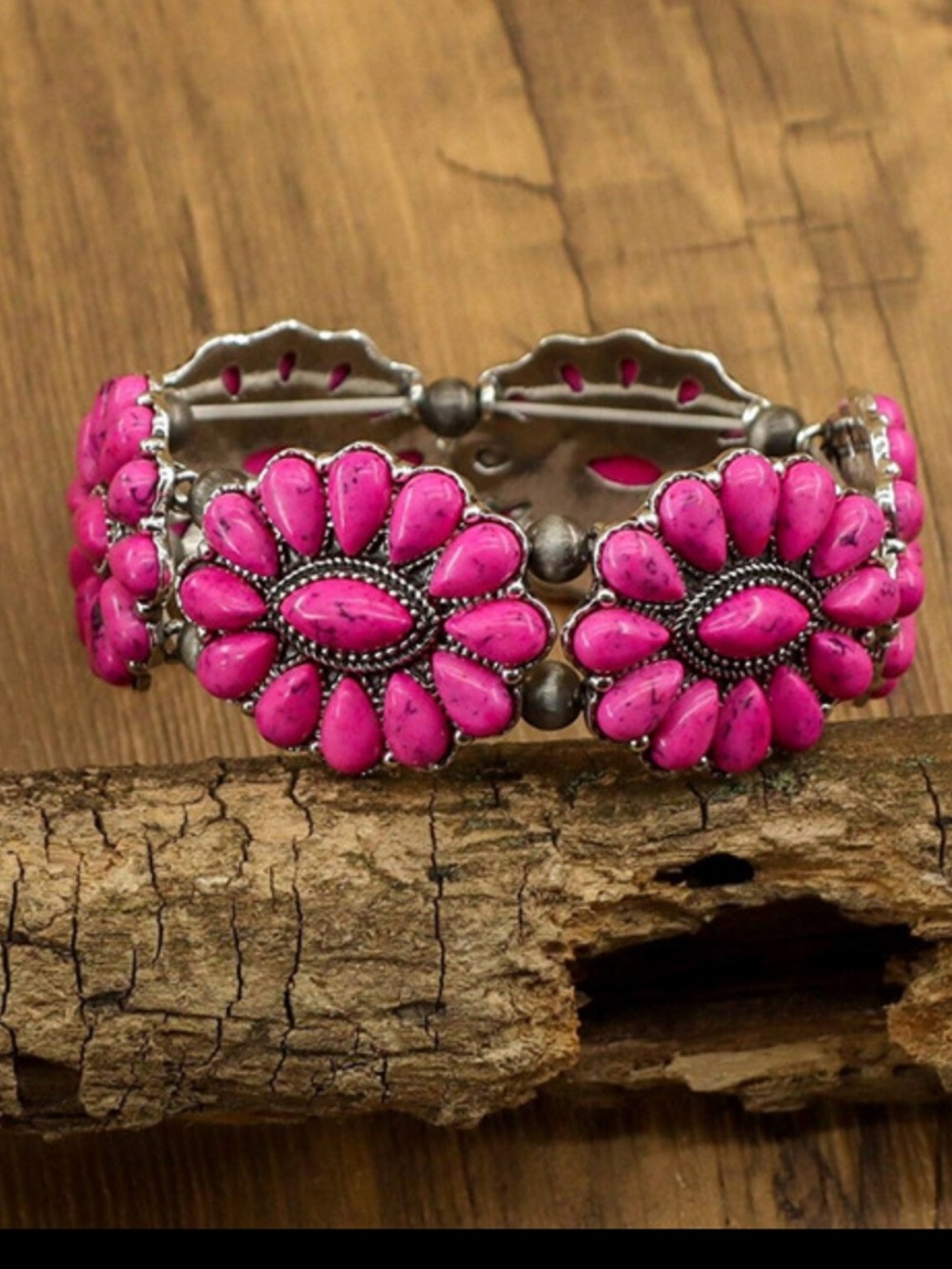 New Western Pink Flower Cluster Concho Squash Blossom Statement Stretch Bracelet